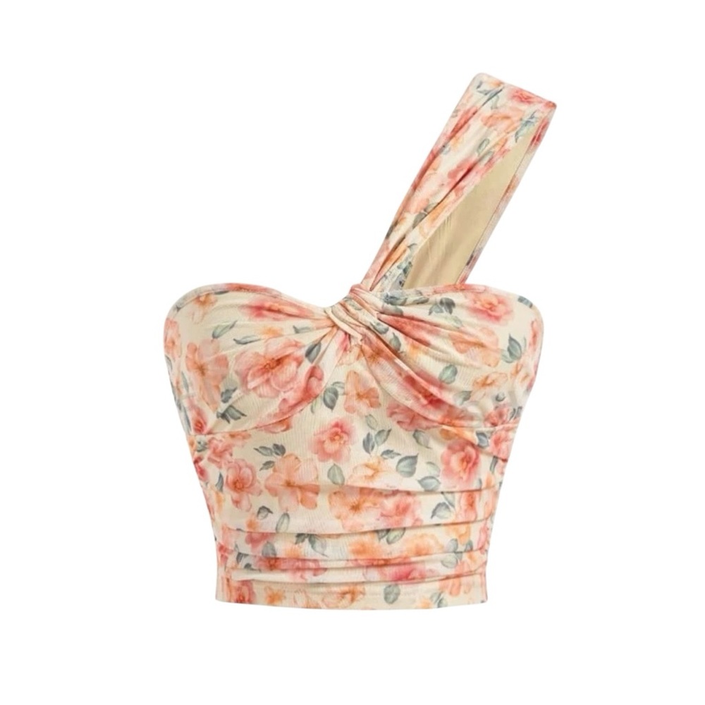 XS Shein floral one-shoulder crop top with twist knot and ruched design.